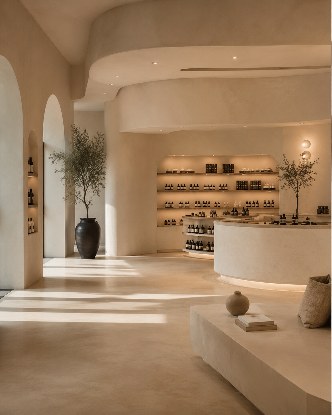 A curved, sand-toned retail interior in soft light.