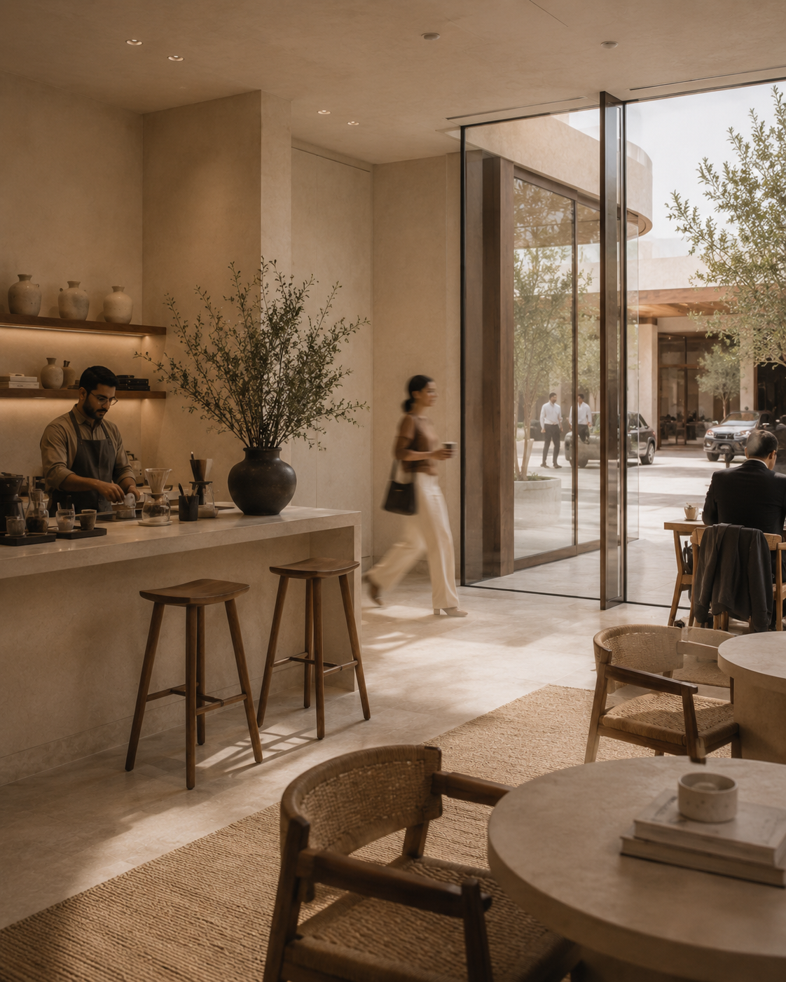 A calm coffee shop interior, with a barista behind the counter.