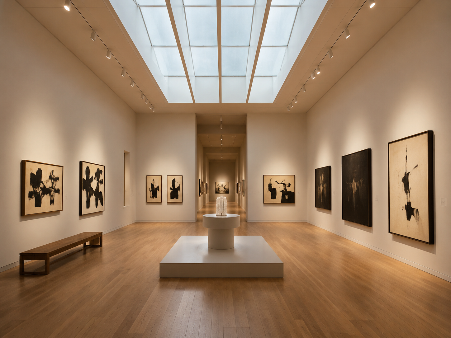 An art gallery with a skylight and soft natural light.