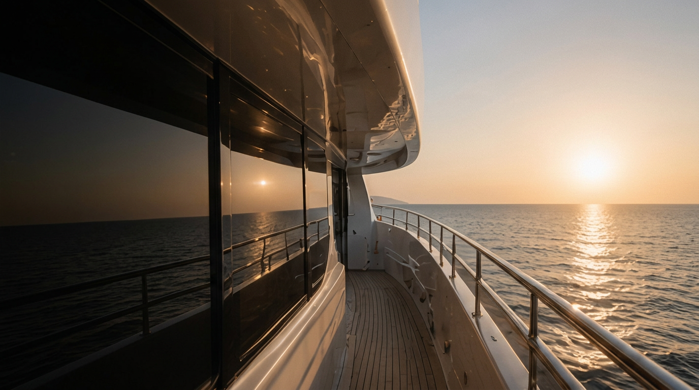The deck of a yacht at sunset, with a calm sea in warm light.